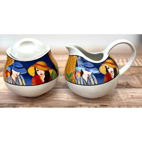 Hand-Painted Ceramic Creamer & Sugar Set With Colorful Lady Design - Unique & Fu - Picture 4 of 9